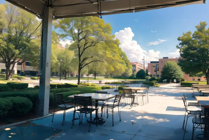 outdoor patio before a cafeteria, benches, tables, trees, university campus, noon, clouds, (masterpiece), beautiful scenery, blur focus, anamorphic bokeh, photography