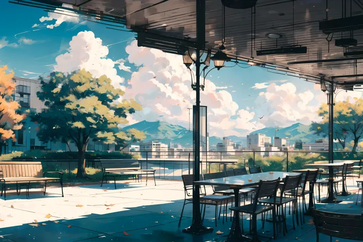 outdoor patio before a cafeteria, benches, tables, trees, university campus, noon, clouds, (masterpiece), beautiful scenery, blur focus, anamorphic bokeh, photography