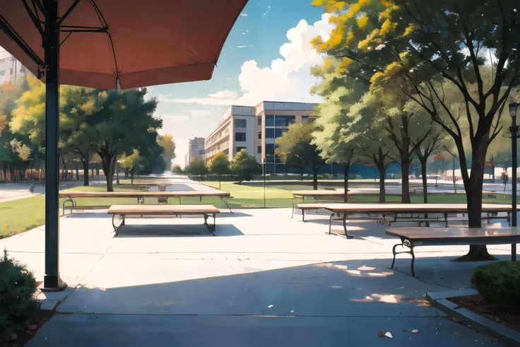 outdoor patio before a cafeteria, benches, tables, trees, university campus, noon, clouds, (masterpiece), beautiful scenery, blur focus, anamorphic bokeh, photography