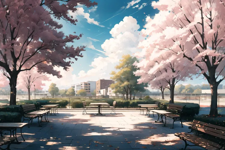 outdoor patio before a cafeteria, benches, tables, trees, university campus, noon, clouds, (masterpiece), beautiful scenery, blur focus, anamorphic bokeh, photography