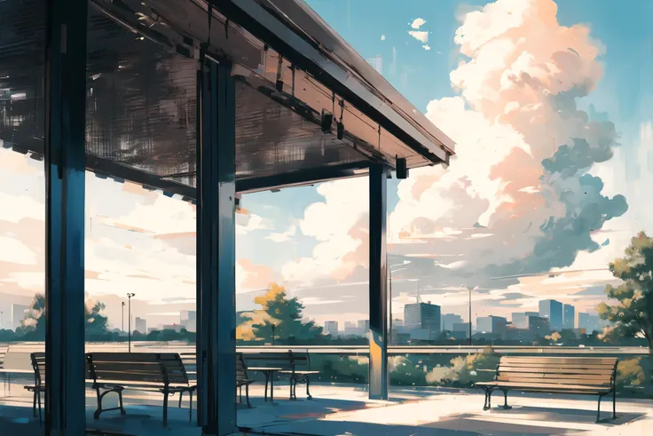 outdoor patio before a cafeteria, benches, tables, trees, university campus, noon, clouds, (masterpiece), beautiful scenery, blur focus, anamorphic bokeh, photography
