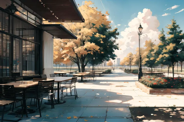 outdoor patio before a cafeteria, benches, tables, trees, university campus, noon, clouds, (masterpiece), beautiful scenery, blur focus, anamorphic bokeh, photography