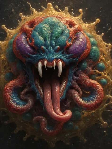 <lora:ElectronStyleXL_v2:1.0>El3ctr0nStyle, sticky, slimy, slime, gooey, venom, marvel, long tongue, shiny, surrounded by bacteria and viruses, cosmic art, colorful, glowing background, masterpiece, ultra detailed, chaos, symmetric