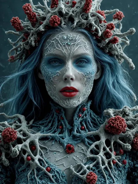 <lora:ElectronStyleXL_v2-10:1.0>El3ctr0nStyle photo of a disgusting witch woman surrounded by bacterias and viruses, ultra detailed, chaos, blue and red sepia tone, red lips, perfect makeup