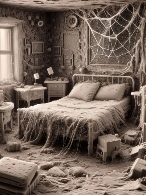 <lora:ElectronStyleXL:1.6> a dusty old vintage bedroom in El3ctr0nStyle, ultra detailed, chaotic, chaos, messy, (webs:1.4)