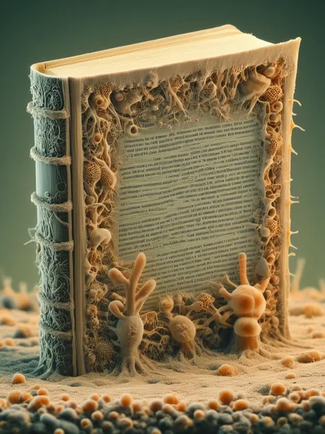 Create an image of a book in which there are tiny 10 people trapped in and the book is rusty