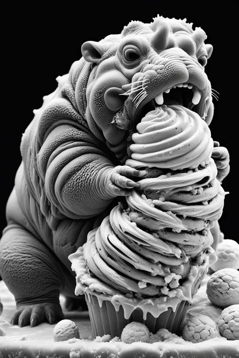 hyper realistic, bulky tardigrade with ice-cream , stunning composition, b\w ilford el3ctr0nstyle, <lora:ElectronStyleXL:1.0>