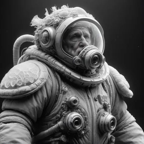 El3ctr0nStyle ,greyscale ,a very old man with tardigrade vacuum suit,cyberpunk, wearing a detailed futuristic spacesuit, atmospheric diving suit, spherical transparent helmet, microscopic size, <lora:ElectronStyleXL:1.0>