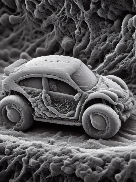 <lora:ElectronStyleXL:1.6> El3ctr0nStyle, o microscope photography of a car under electron microscope