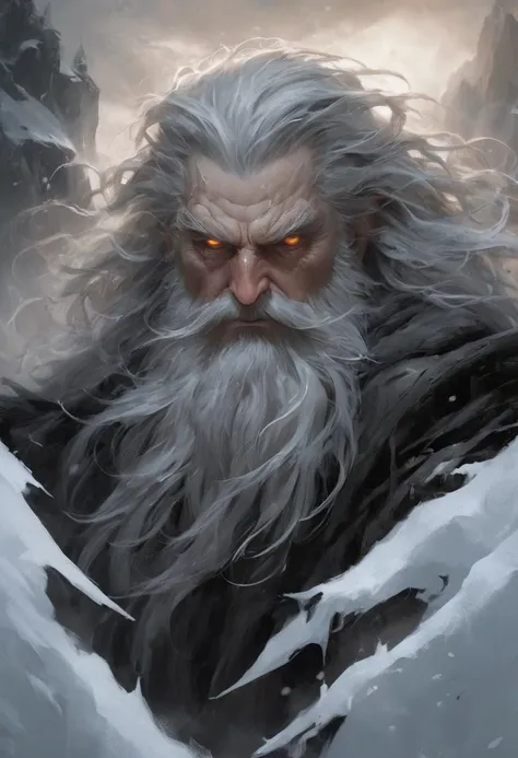 an award-winning digital art piece featuring a menacing and powerful wizard. This bearded figure, with long hair and stark white facial hair, is highlighted by a dim backlight creating a stark contrast against a dark, foggy atmosphere. His (beautiful detailed eyes, amber eyes:1.6) pierce through the ominous scene set on a snowy mountain top. Rendered in a realistic fantasy style with a monochromatic palette of blacks, grays, and whites. This work would stand out in Fantasy Art Online Galleries, Dark Fantasy magazines, and captivate at the Spectrum Fantastic Art Awards or World Science Fiction Convention Awards. Featured in Fantasy Magazine and ImagineFX.