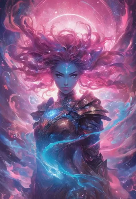 Renowned digital fantasy artist creates an otherworldly spectacle, featuring a powerful female character in intricate futuristic armor, radiating an intense energy sphere. The backdrop, a cosmic canvas of vibrant blues, pinks, and purples, dotted with stars and swirling colors, enhances the mystical ambiance. Influenced by sci-fi and fantasy literature, Japanese animation, the image resonates with an ethereal glow, underlining the potent energy sources lighting up the scene. The artwork, celebrated on platforms like ArtStation, DeviantArt, ConceptArtWorld, and publications like ImagineFX, 3D Artist, CG Society, is a focal point in galleries like Gallery Nucleus and Fantasy Flight Games Center for Myth and Moor Adventures.