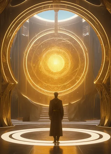 8k, cinematic, intricate details, absurdres, hyperrealistic human being from far into the future, Dune, futuristic palace, golden decor, (((intricate, scifi, looking at viewer))),circle,glowing,magic,<lora:çæ¢¦å·¥ä¸ _ ææ®æ³å¸-éæ³éµXL_v1.0:1>,