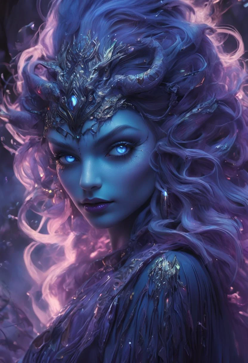 An award-winning DarkFantasy digital art piece, bathed in hues of mystical purple and blue, entitled "Enchantress of the Surreal Forest". A majestic sorceress in a flowing dress weaves her magic, glowing colorful magical orbs held in both hands, enchantingly illuminated by lightning in the heart of an enchanted forest. (Beautiful detailed face, glowing softly:1.3), (beautiful detailed eyes, blue eyes:1.4), plum lipstick, beautiful detailed legs, beautiful detailed skin. The fantasy surrealistic style blends the mystical and the majestic. The spellbinding image has been lauded at the Academy Awards for Visual Effects and BAFTA Awards for Special Effects, featured in Art of the Fantastic, The Magazine of Fantasy & Science Fiction, and ImagineFX, and showcased at the Fantasy Art Gallery, Delusional Art, and Weta Workshop. dark magic, black night, fog
