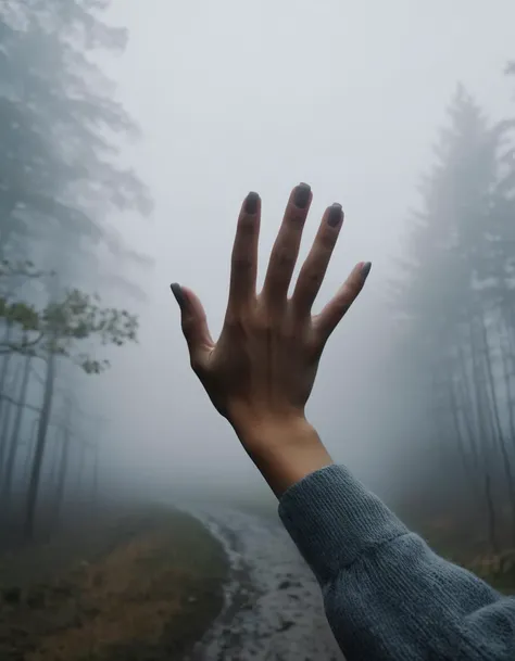 it's a professional photo of (woman shows her hands, the high-five gesture.:1.5), close-up, 8k uhd, high quality, ((cinematic)), foggy, horror,