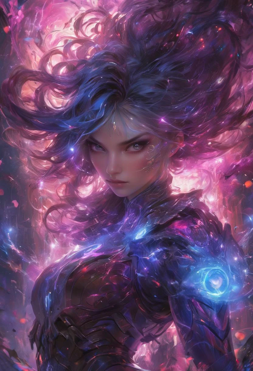 Renowned digital fantasy artist creates an otherworldly spectacle, featuring a powerful female character in intricate futuristic armor, radiating an intense energy sphere. The backdrop, a cosmic canvas of vibrant blues, pinks, and purples, dotted with stars and swirling colors, enhances the mystical ambiance. Influenced by sci-fi and fantasy literature, Japanese animation, the image resonates with an ethereal glow, underlining the potent energy sources lighting up the scene. The artwork, celebrated on platforms like ArtStation, DeviantArt, ConceptArtWorld, and publications like ImagineFX, 3D Artist, CG Society, is a focal point in galleries like Gallery Nucleus and Fantasy Flight Games Center for Myth and Moor Adventures. (beautiful detailed eyes), (beautiful lips, full lips), beautiful detailed skin, deep plum lipstick