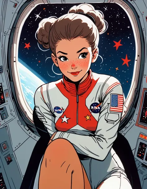 Outer space, Woman sitting in space Shuttle Cockpit, hairbun, looking shy questioning to Viewer from Beneath, Freckles, Pantyhose, spreading legs, loose See through blouse, bright Red Stars outside huge Cockpit Windows to space, high Quality