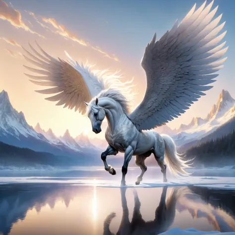 A majestic scene of heroic fantasy pegasus with white fur and black and white wings and tail soaring over snow capped mountains reflecting on a perfectly still lake at sunrise, proud , intricate, highly detailed digital art, sharp focus, illustration by Artgerm and Greg Rutkowski and Makoto Shinkai