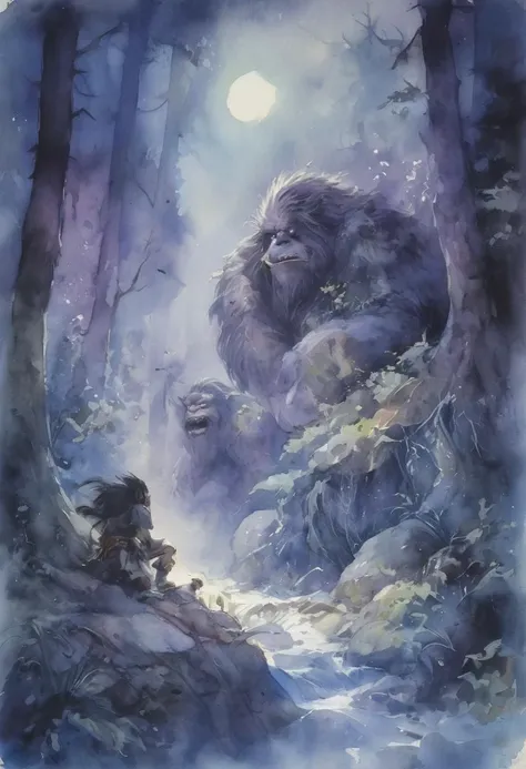 Encounter with Trolls, Watercolor. A moonlit, forested scene with oversized, brutish trolls and a diminutive, stealthy Bilbo. The palette is duskyâpurples and bluesâcreating a nocturnal atmosphere. The composition blends danger and humor, with a tense yet playful mood. In the style of John Howe.