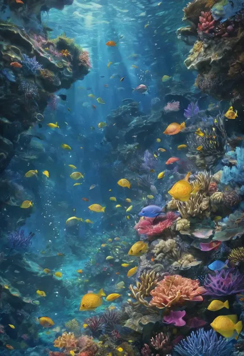 An award-winning digital art piece illustrating the serene yet vibrant underwater world teeming with sea creatures and expansive coral reefs. The scene captures the depths of the ocean, bathed in a calm, peaceful mood with sunlight filtering down, casting a magical play of light. The style blends realism with fantastical elements, resulting in a stunning representation of marine life. The color palette centers around radiant blues, greens, yellows, and pinks, lending the artwork an ethereal quality. This masterpiece, recognized by the Academy Awards for Best Visual Effects and the Digital Arts Festival for Best Environmental Illustration, would be featured in esteemed publications such as National Geographic Magazine, BBC Focus, and Smithsonian Magazine, and displayed in prominent galleries like the Museum of Natural History and the Science Museum London.