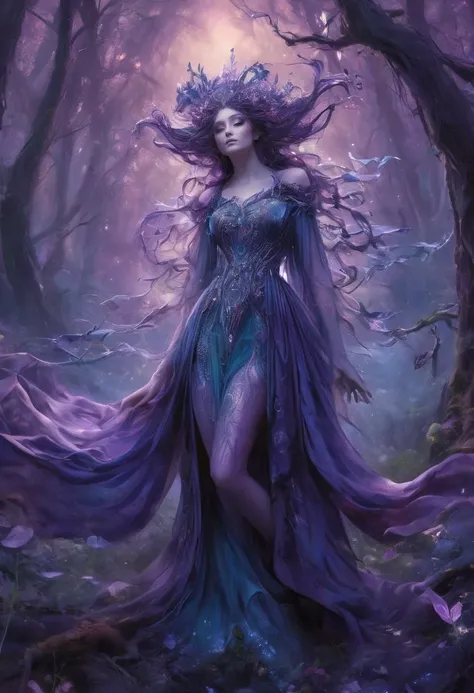 An award-winning digital art piece, bathed in hues of mystical purple and blue, entitled "Enchantress of the Surreal Forest". A majestic sorceress with beautiful legs in a flowing dress weaves her magic, enchantingly illuminated in the heart of an enchanted forest. The fantasy surrealistic style blends the mystical and the majestic. The spellbinding image has been lauded at the Academy Awards for Visual Effects and BAFTA Awards for Special Effects, featured in Art of the Fantastic, The Magazine of Fantasy & Science Fiction, and ImagineFX, and showcased at the Fantasy Art Gallery, Delusional Art, and Weta Workshop. an enchanting beauty, beautiful detailed skin