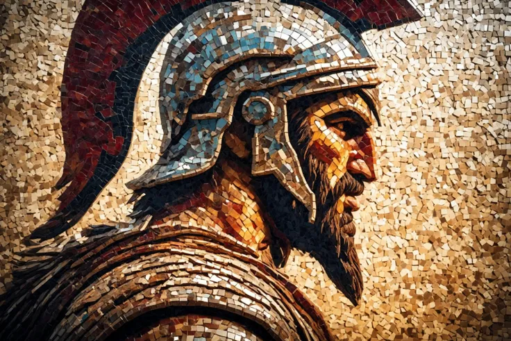 art mastery ,A dramatic and artistic flat mosaic representation of a face profile of a proud spartan warrior made of mosaic , perfect light, highly detailed, epic , film grain, volumetric, dramatic lighting, face made of mosaic, beard made of mosaic <lora:MJ52:0.2>