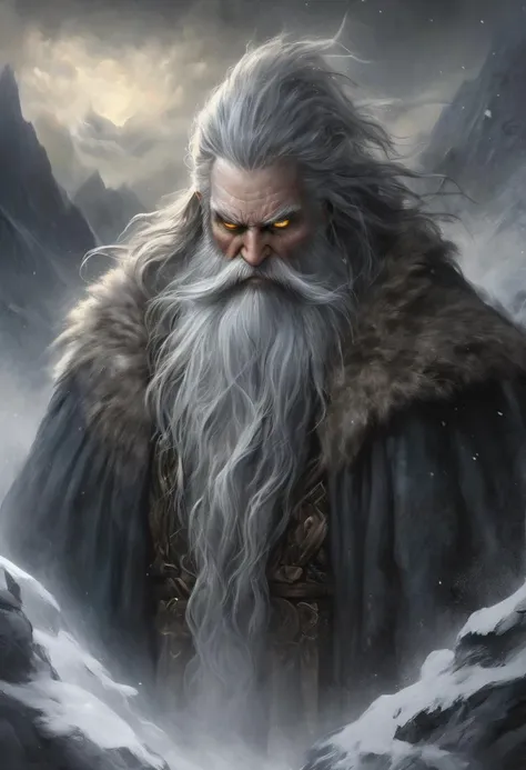 an award-winning digital art piece featuring a menacing and powerful wizard. This bearded figure, with long hair and stark white facial hair, is highlighted by a dim backlight creating a stark contrast against a dark, foggy atmosphere. His (beautiful detailed eyes, yellow eyes:1.4) pierce through the ominous scene set on a snowy mountain top. Rendered in a realistic fantasy style with a monochromatic palette of blacks, grays, and whites. This work would stand out in Fantasy Art Online Galleries, Dark Fantasy magazines, and captivate at the Spectrum Fantastic Art Awards or World Science Fiction Convention Awards. Featured in Fantasy Magazine and ImagineFX.