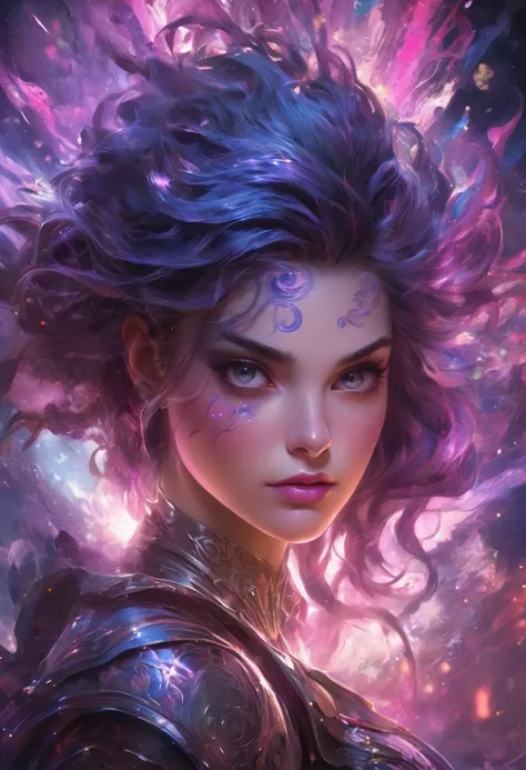 Renowned digital fantasy artist creates an otherworldly spectacle, featuring a powerful female character in intricate futuristic armor, radiating an intense energy sphere. The backdrop, a cosmic canvas of vibrant blues, pinks, and purples, dotted with stars and swirling colors, enhances the mystical ambiance. Influenced by sci-fi and fantasy literature, Japanese animation, the image resonates with an ethereal glow, underlining the potent energy sources lighting up the scene. The artwork, celebrated on platforms like ArtStation, DeviantArt, ConceptArtWorld, and publications like ImagineFX, 3D Artist, CG Society, is a focal point in galleries like Gallery Nucleus and Fantasy Flight Games Center for Myth and Moor Adventures. (beautiful detailed eyes), (beautiful lips, full lips), beautiful detailed skin, deep plum lipstick
