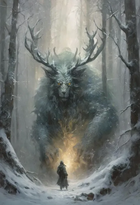 "Create a digital painting of a connection between a human and a large, fantastical creature in a dense, snowy forest. The creature should be part tree and part animal with a humanoid face and wild features, symbolizing its deep connection to the environment. The human figure should be realistically proportioned with a contemplative expression.
Use a realistic style with fantastical elements, influenced by fantasy art. The color palette should be appropriate for the winter season and feature white snow and muted earth tones like browns, greens and greys, creating a natural and somber atmosphere. Soft, diffused natural light should filter through the forest canopy, casting gentle shadows and enhancing the ethereal quality of the scene.
Composition should be balanced with the creature's large form framing the image and the human figure smaller in comparison, symbolizing the relationship between humanity and nature. The overall emotional tone should be contemplative and serene, evoking themes common in folklore and mythology where creatures of the forest embody natural forces and wisdom.
The viewer should feel a sense of wonder, curiosity, peace or protection from the gentle giant. The image should invite the viewer to ponder the relationship between the human and the mythical creature, suggesting themes of companionship, protection, and the intersection between the human world and the magical realm of fantasy."