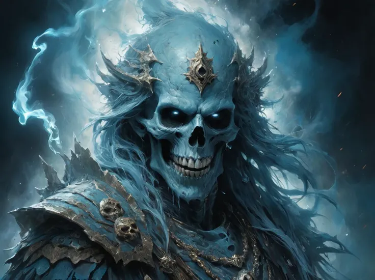 dungeons and dragons art, fantasy art, fantasy illustration, portrait, Powerful scary lich, undead archmage, blue skull, holding staff of power, smoking, aura of necromancy, hovering, perfect anatomy, approaching perfection, dynamic, highly detailed, smooth, sharp focus, art by Carne Griffiths and Wadim Kashin, trending on artstation, sharp focus, intricate details, highly detailed, by greg rutkowski, mysterious, epic, cinematic, digital art, 4k, <lora:add-detail-xl:1> <lora:xl_more_art-full_v1:0.5>