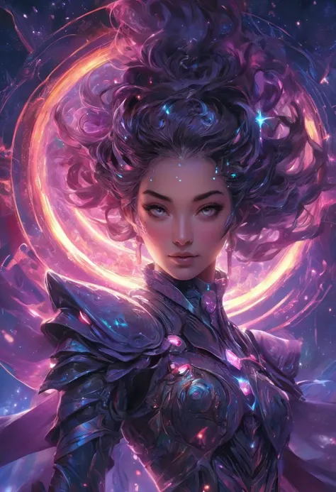 Renowned digital fantasy artist creates an otherworldly spectacle, featuring a powerful female character in intricate futuristic armor, radiating an intense energy sphere. The backdrop, a cosmic canvas of vibrant blues, pinks, and purples, dotted with stars and swirling colors, enhances the mystical ambiance. Influenced by sci-fi and fantasy literature, Japanese animation, the image resonates with an ethereal glow, underlining the potent energy sources lighting up the scene. The artwork, celebrated on platforms like ArtStation, DeviantArt, ConceptArtWorld, and publications like ImagineFX, 3D Artist, CG Society, is a focal point in galleries like Gallery Nucleus and Fantasy Flight Games Center for Myth and Moor Adventures.