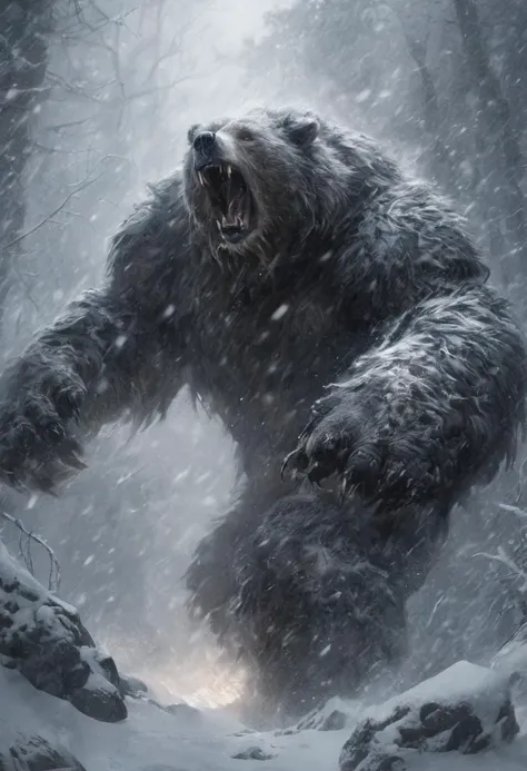 Monstrous blizzard with the fierce face of a bear,engulfed in whiteout conditions,swirling snow,and buffeting winds. Cinematic,mysterious,sinister,scary,wild,deadly,and beastly. A nightmarish masterpiece.,