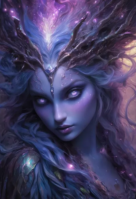 An award-winning DarkFantasy digital art piece, bathed in hues of mystical purple and blue, entitled "Enchantress of the Surreal Forest". A majestic sorceress in a flowing dress weaves her magic, glowing colorful magical orbs held in both hands, enchantingly illuminated by lightning in the heart of an enchanted forest. (Beautiful detailed face, glowing softly:1.3), (beautiful detailed eyes, blue eyes:1.4), plum lipstick, beautiful detailed legs, beautiful detailed skin. The fantasy surrealistic style blends the mystical and the majestic. The spellbinding image has been lauded at the Academy Awards for Visual Effects and BAFTA Awards for Special Effects, featured in Art of the Fantastic, The Magazine of Fantasy & Science Fiction, and ImagineFX, and showcased at the Fantasy Art Gallery, Delusional Art, and Weta Workshop. dark magic, black night, fog