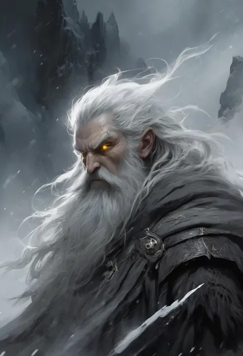 an award-winning digital art piece featuring a menacing and powerful wizard. This bearded figure, with long hair and stark white facial hair, is highlighted by a dim backlight creating a stark contrast against a dark, foggy atmosphere. His (beautiful detailed eyes, yellow eyes:1.4) pierce through the ominous scene set on a snowy mountain top. Rendered in a realistic fantasy style with a monochromatic palette of blacks, grays, and whites. This work would stand out in Fantasy Art Online Galleries, Dark Fantasy magazines, and captivate at the Spectrum Fantastic Art Awards or World Science Fiction Convention Awards. Featured in Fantasy Magazine and ImagineFX.