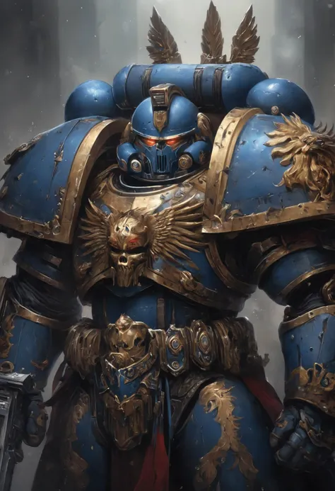 Adeptus Astartes (Space Marine) - 1warrior, towering height, power armor in chapter colors, ceramite plating, bolter slung on back, pauldrons with chapter insignia, helmet with targeting system, glowing eyes behind faceplate, helmet adorned with trophies, muscular physique, gene-enhanced body, stoic expression, battle scars, combat prowess, gene-seed enhancements, genetically modified, loyal to the Emperor, grim determination.((masterpiece)), detailed, 8k UHD, high quality, lifelike, precise, vibrant, absurdres,