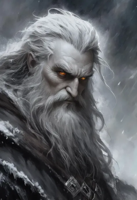 an award-winning digital art piece featuring a menacing and powerful wizard. This bearded figure, with long hair and stark white facial hair, is highlighted by a dim backlight creating a stark contrast against a dark, foggy atmosphere. His (beautiful detailed eyes, amber eyes:1.4) pierce through the ominous scene set on a snowy mountain top. Rendered in a realistic fantasy style with a monochromatic palette of blacks, grays, and whites. This work would stand out in Fantasy Art Online Galleries, Dark Fantasy magazines, and captivate at the Spectrum Fantastic Art Awards or World Science Fiction Convention Awards. Featured in Fantasy Magazine and ImagineFX.