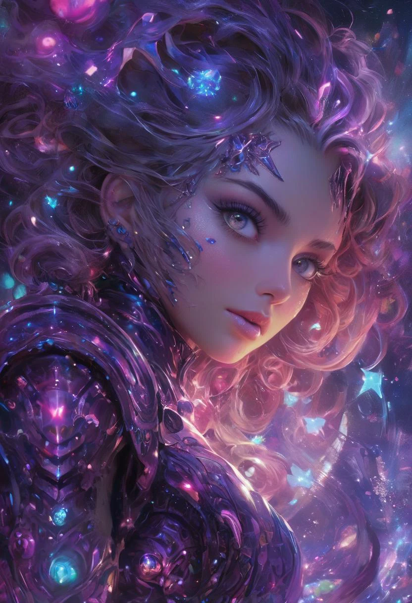 Renowned digital fantasy artist creates an otherworldly spectacle, featuring a powerful female character in intricate futuristic armor, radiating an intense energy sphere. The backdrop, a cosmic canvas of vibrant blues, pinks, and purples, dotted with stars and swirling colors, enhances the mystical ambiance. Influenced by sci-fi and fantasy literature, Japanese animation, the image resonates with an ethereal glow, underlining the potent energy sources lighting up the scene. The artwork, celebrated on platforms like ArtStation, DeviantArt, ConceptArtWorld, and publications like ImagineFX, 3D Artist, CG Society, is a focal point in galleries like Gallery Nucleus and Fantasy Flight Games Center for Myth and Moor Adventures. (beautiful detailed eyes), (beautiful lips, full lips), beautiful detailed skin, deep plum lipstick