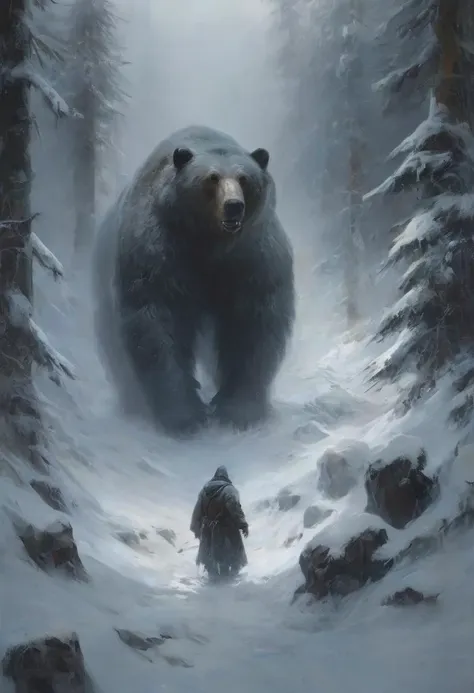 - Medium: Digital Art
- Subject: A confrontation between a large bear and a human figure in a snowy landscape
- Scene: Snowy forest environment with a sense of action or impending conflict
- Style: Realistic with fantastical elements
- Artistic Influence: Fantasy art with a possible inspiration from epic storytelling or role-playing games
- Website: Not applicable
- Resolution: High-resolution image
- Additional Details: The bear is depicted with exaggerated size and features, adding to the fantastical nature of the image
- Color: Monochromatic and cold color palette dominated by blues and whites
- Lighting: Overcast, diffused lighting with a focus on the bear and the human figure, suggesting a gloomy or ominous atmosphere