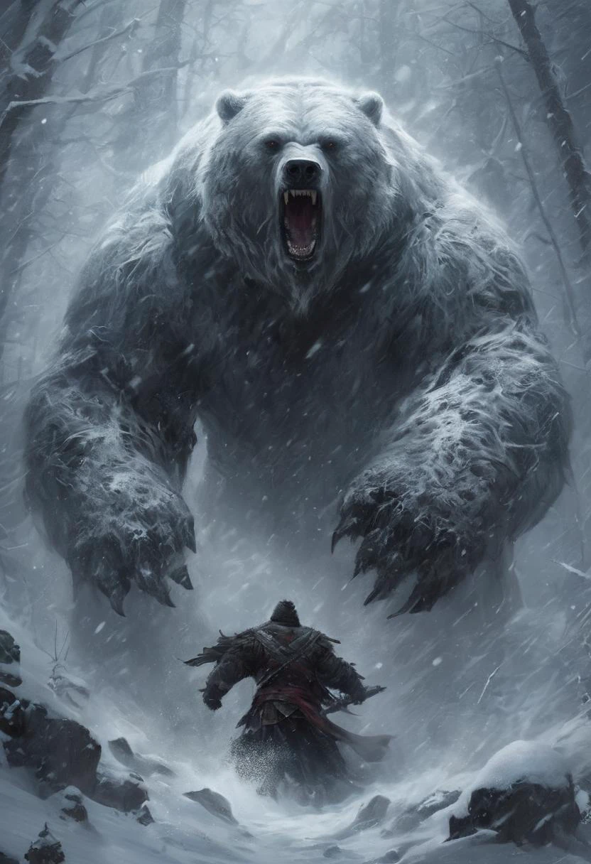 Monstrous blizzard with the fierce face of a bear, engulfed in whiteout conditions, swirling snow, and buffeting winds. Cinematic, mysterious, sinister, scary, wild, deadly, and beastly. A nightmarish masterpiece.