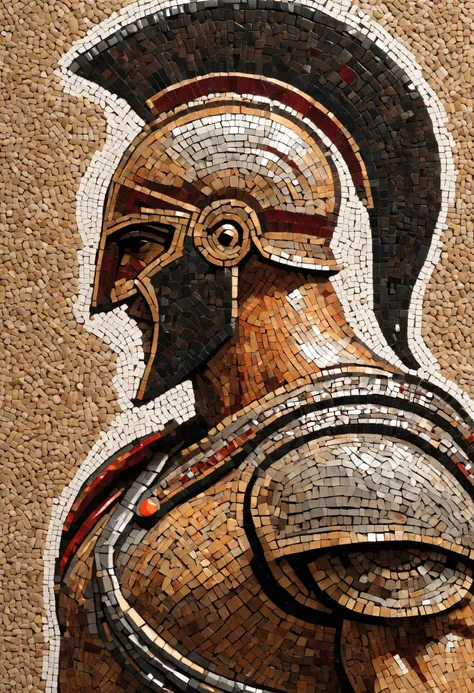 art mastery ,A dramatic and artistic flat representation of a face profile of a proud spartan warrior made of mosaic , perfect light, really small pebbles,