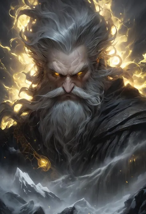 an award-winning digital art piece featuring a menacing and powerful wizard. This bearded figure, with long hair and stark white facial hair, is highlighted by a dim backlight creating a stark contrast against a dark, foggy atmosphere. His (beautiful detailed eyes, yellow eyes:1.6) pierce through the ominous scene set on a snowy mountain top. Rendered in a realistic fantasy style with a monochromatic palette of blacks, grays, and whites. This work would stand out in Fantasy Art Online Galleries, Dark Fantasy magazines, and captivate at the Spectrum Fantastic Art Awards or World Science Fiction Convention Awards. Featured in Fantasy Magazine and ImagineFX.