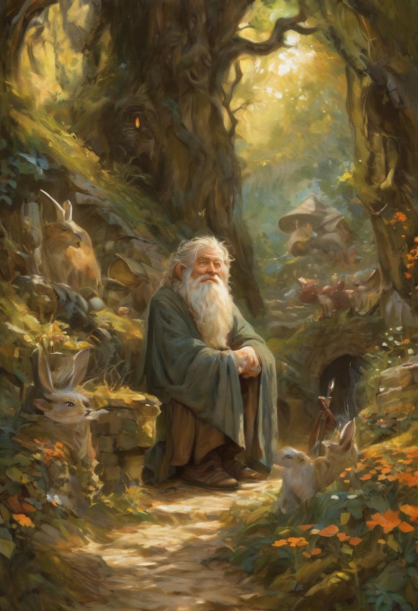 A painting of a man sitting in a forest with a dog - SeaArt AI