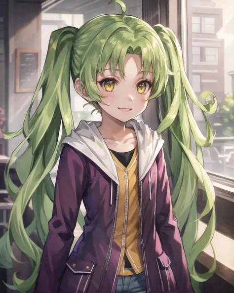 best quality, (masterpiece:1.2), illustration, absurdres,
(1girl), (solo), (beautiful detailed girl),
<lora:KeA:1>, KeA , yellow eyes, green hair, twintails, young, flat chest,
purple jacket, yellow shirt, white hotpants, shorts, orange sneakers,
inside trendy cafe, window, day, godrays, sunlight, buildings,, (upper body, portrait),,
smile, happy,