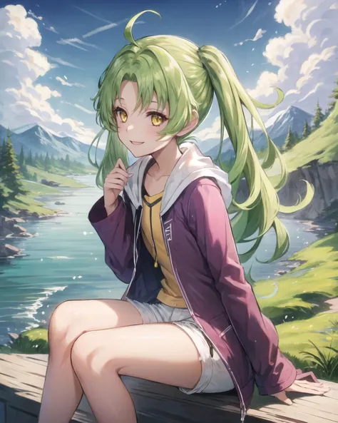 best quality, (masterpiece:1.2), illustration, absurdres,
(1girl), (solo), (beautiful detailed girl),
<lora:KeA:1>, KeA , yellow eyes, child, young, flat chest, green hair, twintails,
purple jacket, yellow shirt, white hotpants, shorts, orange sneakers,
distant valley, distant forest, distant river, sky, clouds,
smile, happy, joy,