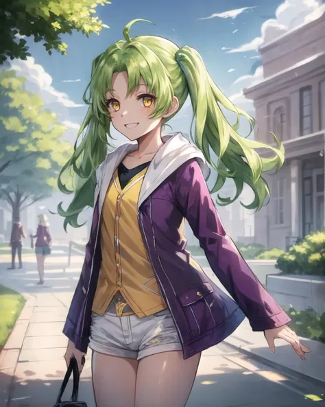 best quality, (masterpiece:1.2), illustration, absurdres,
(1girl), (solo), (beautiful detailed girl),
<lora:KeA:1>, KeA , yellow eyes, green hair, twintails, young, flat chest,
purple jacket, yellow shirt, white hotpants, shorts, orange sneakers,
city marketplace, fountain, buildings, trees, day, sky, clouds, sun,, cowboy shot,,
smile, happy,