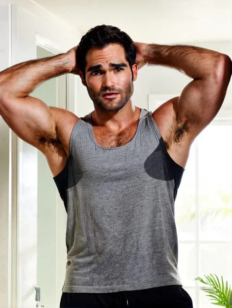 tyler hoechlin <lora:tyler_hoechlin-v2-sdxl:1>, Is wearing a gray tank top with sweat and black shorts. standing with his hands over his face as if he is in pain or discomfort. The background is lush bright bathroom in white which contrasts with the man's dark clothing and adds to the starkness of the image. body is muscular, rugged appearance, high-res, best quality, s3t on armpit chest and belly, medium full body shot, 8k uhd, dslr, soft light, high quality, Fujifilm XT3
<lora:sweaty_shirt_v5-28-B1-Rescale:1>