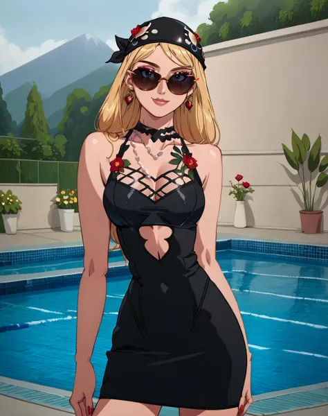 score_9, score_8_up, score_7_up, score_6_up, score_5_up, score_4_up, BREAK ,cowboy shot,1girl,solo,smile,puffy lips,lipstick,source_anime,sexy pose,anime screencap,looking at viewer,flowers
edgSexyAttiredress, cleavage, jewelry, medium breasts, earrings, necklace, nail polish, black dress, lips, hand on hip, short dress, sunglasses, bandana, pool ,wearing edgSexyAttire,midriff,clothing cutout,fishnets
<lora:edgSexyAttirePony:1>
<lora:edgNadiaPony:0.8> nadia, sunglasses, choker,