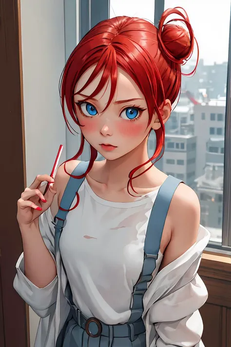 (masterpiece, best quality), 1girl, <lora:yoneme_mei_lovelivesuperstar:1> yoneme_mei_lovelivesuperstar, blue_eyes, red_hair, bangs, hair_bun, blush, single_hair_bun