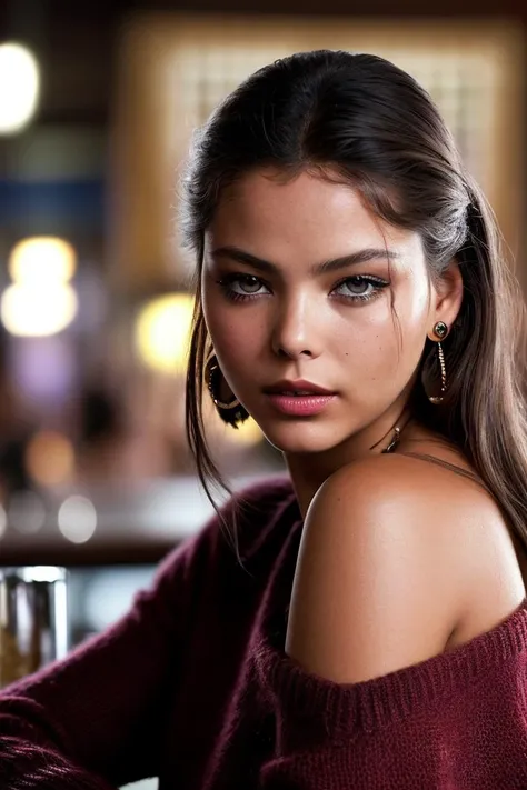 photo of seductive (0rnellamut1-140:0.99), a woman as a sexy student, closeup portrait, (sweater off-shoulders), at an (80s style) cantina sitting bar, (masterpiece:1.5) (photorealistic:1.1) (bokeh) (best quality) (detailed skin texture pores hairs:1.1) (intricate) (8k) (HDR) (wallpaper) (cinematic lighting) (sharp focus), eyeliner, painted lips, (earrings), (vivid atmosphere)