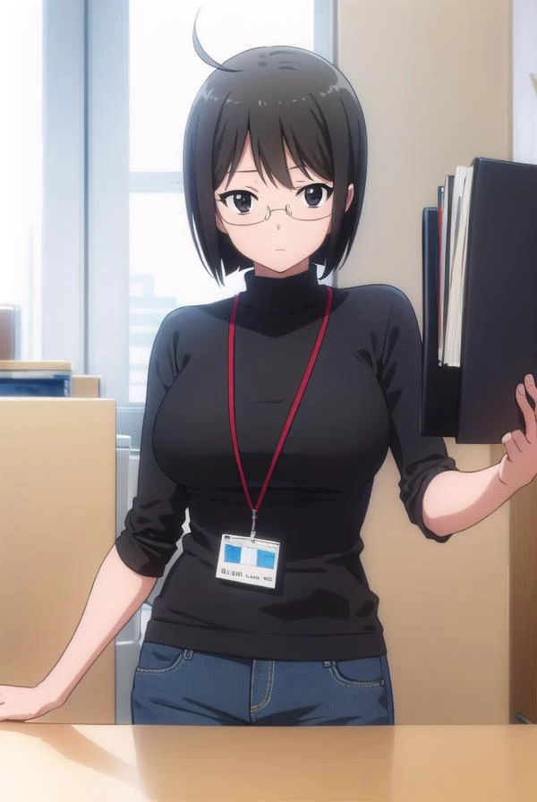 lucyyamagami, <lora:lucy yamagami s1-lora-nochekaiser:1>,
lucy yamagami, short hair, black hair, (black eyes:1.5), ahoge, glasses,
BREAK pants, sweater, turtleneck, id card, lanyard,
BREAK indoors, office,
BREAK looking at viewer, (cowboy shot:1.5),
BREAK <lyco:GoodHands-beta2:1>, (masterpiece:1.2), best quality, high resolution, unity 8k wallpaper, (illustration:0.8), (beautiful detailed eyes:1.6), extremely detailed face, perfect lighting, extremely detailed CG, (perfect hands, perfect anatomy),