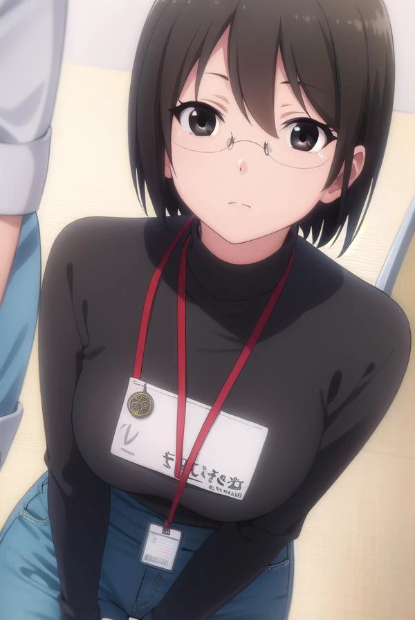 lucyyamagami, <lora:lucy yamagami s1-lora-nochekaiser:1>,
lucy yamagami, short hair, black hair, (black eyes:1.5), ahoge, glasses,
BREAK pants, sweater, turtleneck, id card, lanyard,
BREAK indoors, office,
BREAK looking at viewer, (cowboy shot:1.5),
BREAK <lyco:GoodHands-beta2:1>, (masterpiece:1.2), best quality, high resolution, unity 8k wallpaper, (illustration:0.8), (beautiful detailed eyes:1.6), extremely detailed face, perfect lighting, extremely detailed CG, (perfect hands, perfect anatomy),